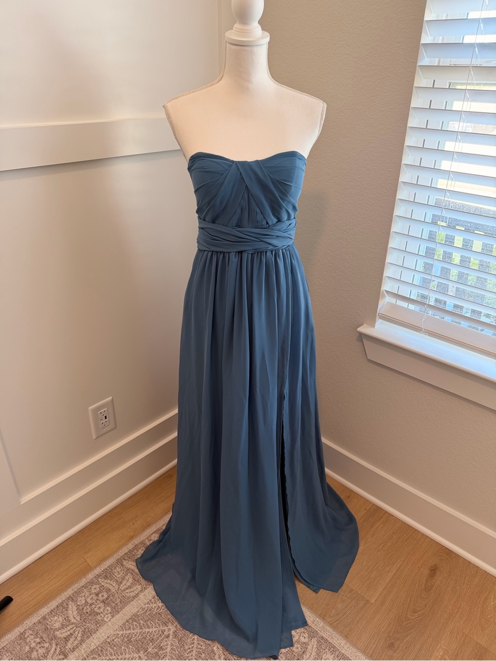 Birdy Grey Strapless Slate Blue Chiffon Gown